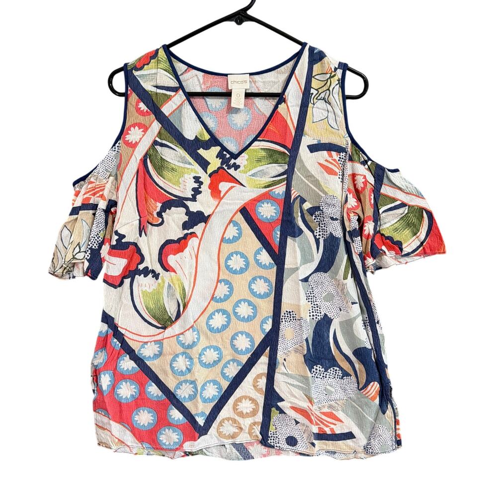 Chicos Womens Blouse Multicolored V Neck Cold Shoulder Geometric Pattern 0 (S)